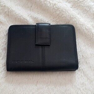 Fossil Black Leather Wallet Trifold Snap Closure Pebbled